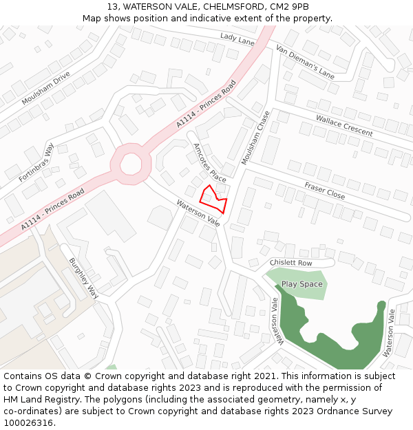 13, WATERSON VALE, CHELMSFORD, CM2 9PB: Location map and indicative extent of plot