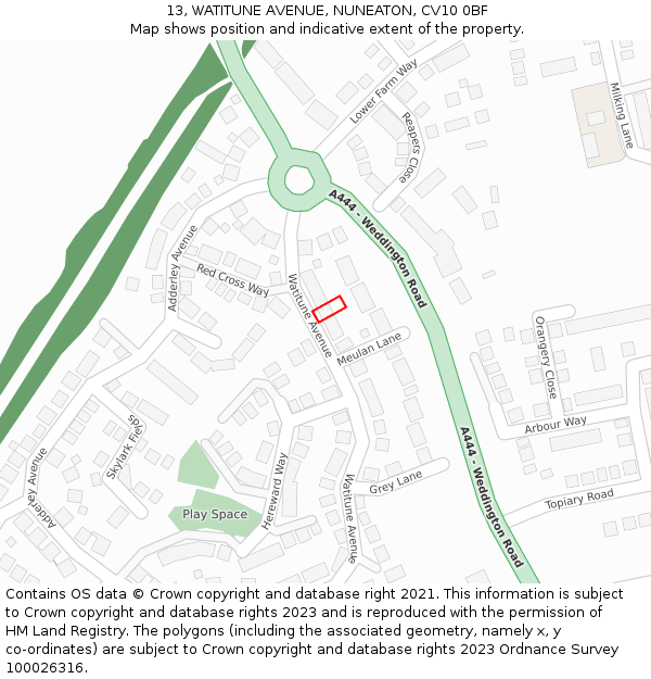 13, WATITUNE AVENUE, NUNEATON, CV10 0BF: Location map and indicative extent of plot