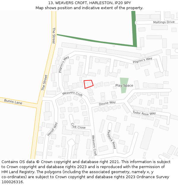 13, WEAVERS CROFT, HARLESTON, IP20 9PY: Location map and indicative extent of plot