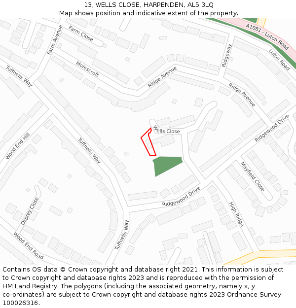 13, WELLS CLOSE, HARPENDEN, AL5 3LQ: Location map and indicative extent of plot