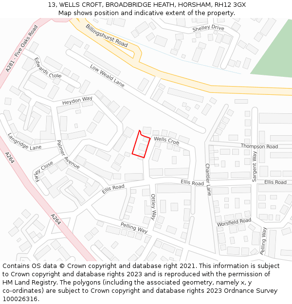 13, WELLS CROFT, BROADBRIDGE HEATH, HORSHAM, RH12 3GX: Location map and indicative extent of plot