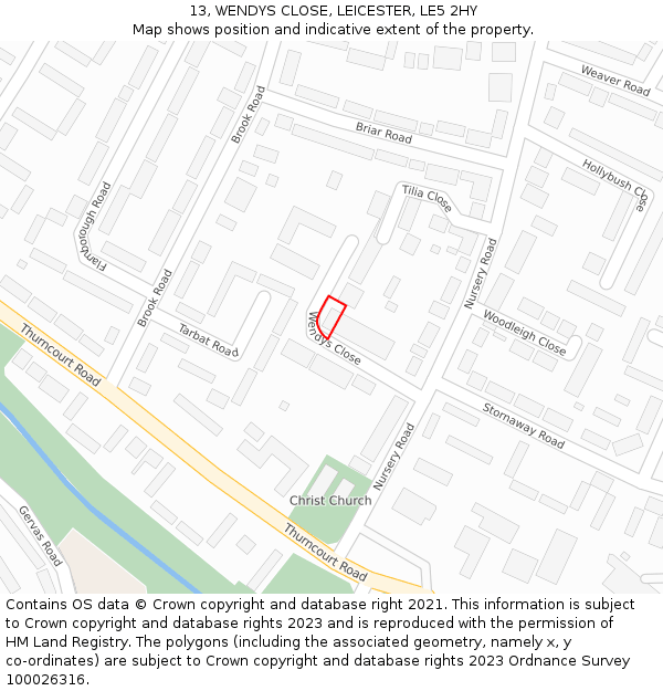 13, WENDYS CLOSE, LEICESTER, LE5 2HY: Location map and indicative extent of plot