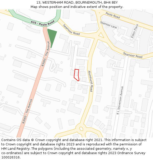 13, WESTERHAM ROAD, BOURNEMOUTH, BH4 8EY: Location map and indicative extent of plot
