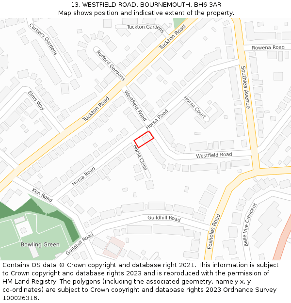 13, WESTFIELD ROAD, BOURNEMOUTH, BH6 3AR: Location map and indicative extent of plot