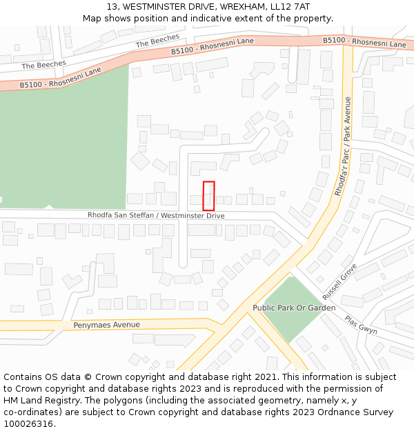 13, WESTMINSTER DRIVE, WREXHAM, LL12 7AT: Location map and indicative extent of plot