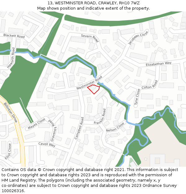 13, WESTMINSTER ROAD, CRAWLEY, RH10 7WZ: Location map and indicative extent of plot