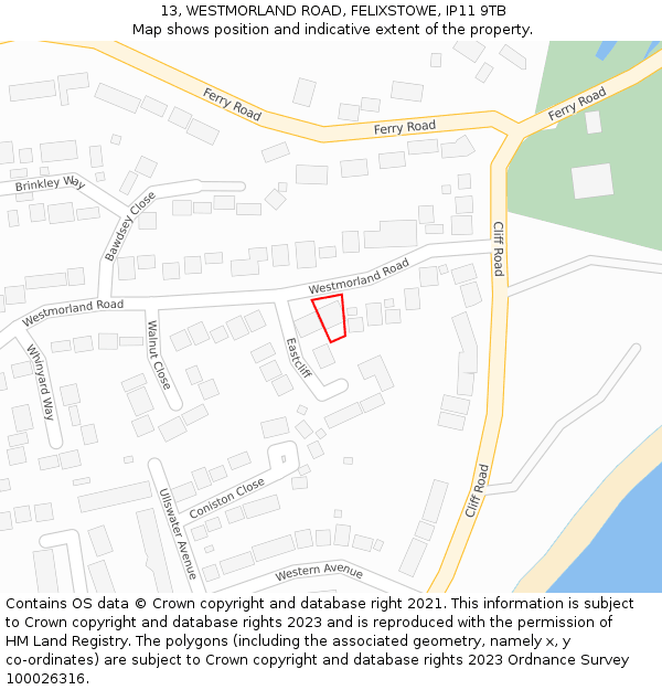 13, WESTMORLAND ROAD, FELIXSTOWE, IP11 9TB: Location map and indicative extent of plot