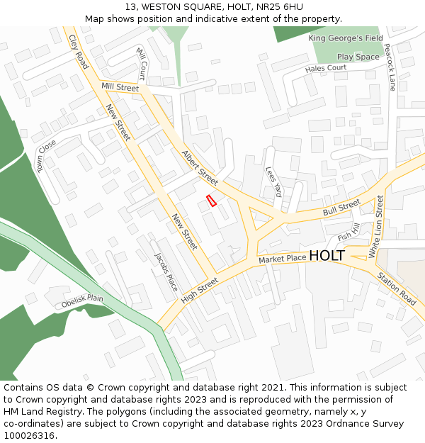 13, WESTON SQUARE, HOLT, NR25 6HU: Location map and indicative extent of plot