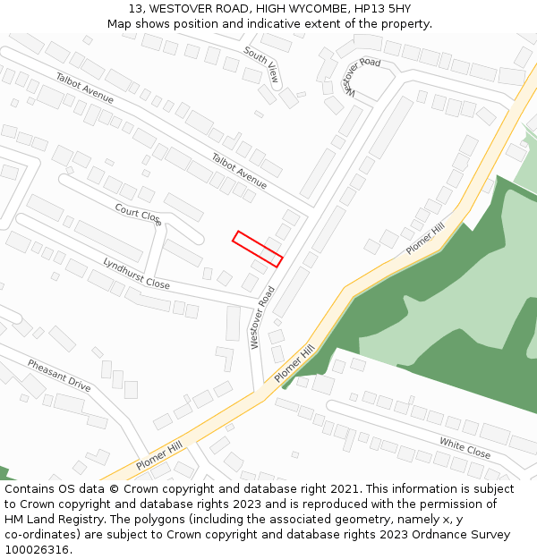 13, WESTOVER ROAD, HIGH WYCOMBE, HP13 5HY: Location map and indicative extent of plot