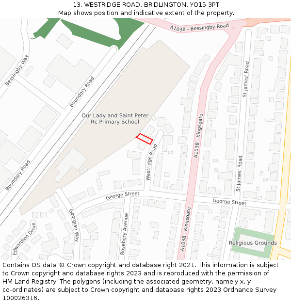 13, WESTRIDGE ROAD, BRIDLINGTON, YO15 3PT: Location map and indicative extent of plot