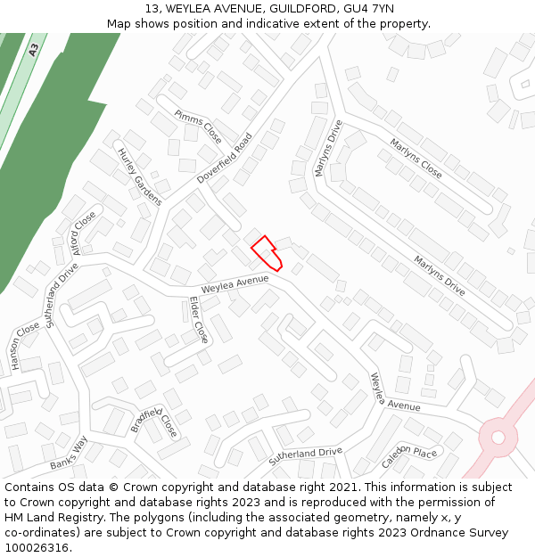 13, WEYLEA AVENUE, GUILDFORD, GU4 7YN: Location map and indicative extent of plot