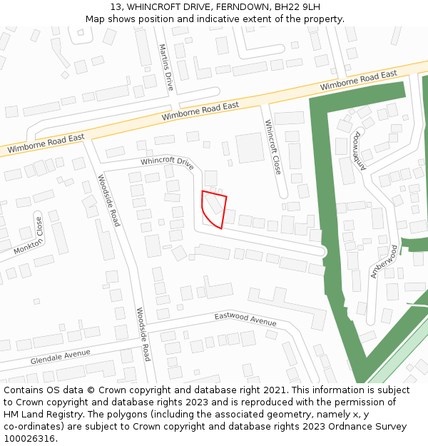 13, WHINCROFT DRIVE, FERNDOWN, BH22 9LH: Location map and indicative extent of plot