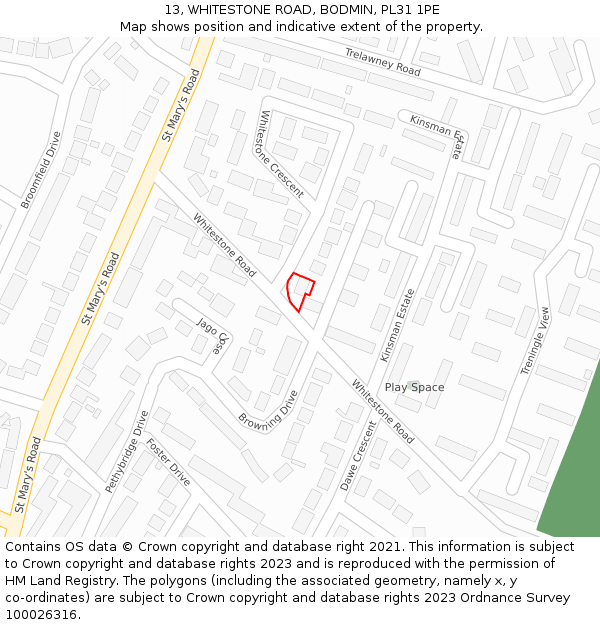 13, WHITESTONE ROAD, BODMIN, PL31 1PE: Location map and indicative extent of plot