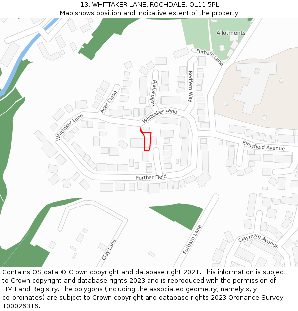 13, WHITTAKER LANE, ROCHDALE, OL11 5PL: Location map and indicative extent of plot