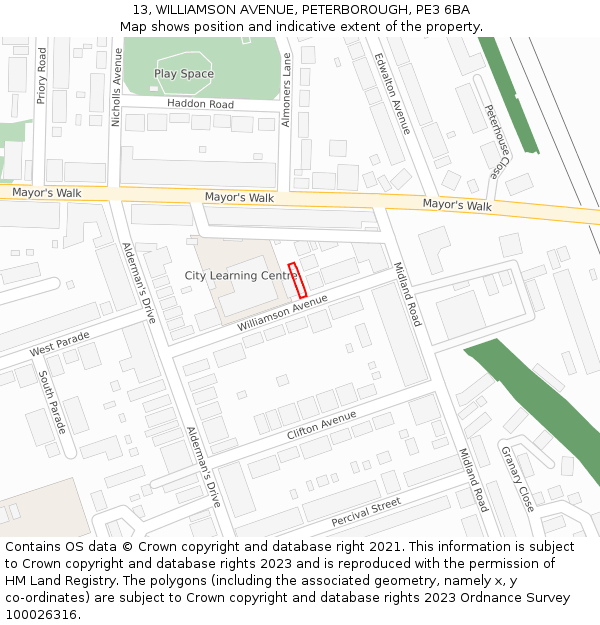 13, WILLIAMSON AVENUE, PETERBOROUGH, PE3 6BA: Location map and indicative extent of plot