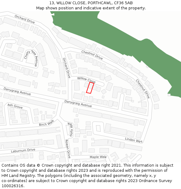 13, WILLOW CLOSE, PORTHCAWL, CF36 5AB: Location map and indicative extent of plot