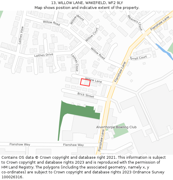 13, WILLOW LANE, WAKEFIELD, WF2 9LY: Location map and indicative extent of plot