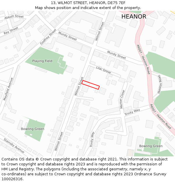 13, WILMOT STREET, HEANOR, DE75 7EF: Location map and indicative extent of plot