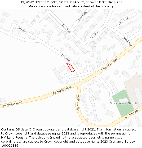 13, WINCHESTER CLOSE, NORTH BRADLEY, TROWBRIDGE, BA14 9RR: Location map and indicative extent of plot