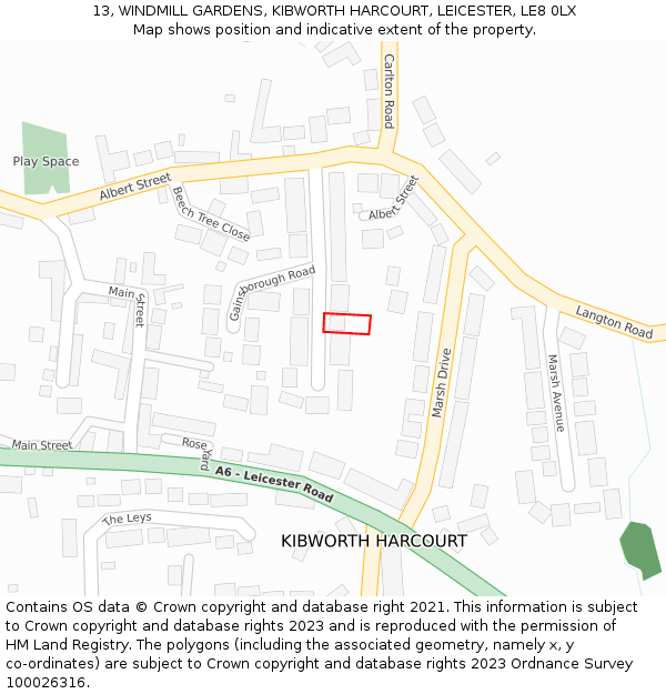 13, WINDMILL GARDENS, KIBWORTH HARCOURT, LEICESTER, LE8 0LX: Location map and indicative extent of plot
