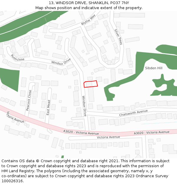 13, WINDSOR DRIVE, SHANKLIN, PO37 7NY: Location map and indicative extent of plot