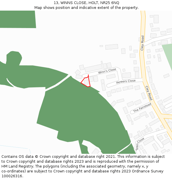 13, WINNS CLOSE, HOLT, NR25 6NQ: Location map and indicative extent of plot