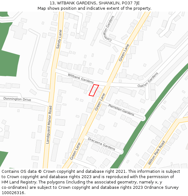 13, WITBANK GARDENS, SHANKLIN, PO37 7JE: Location map and indicative extent of plot