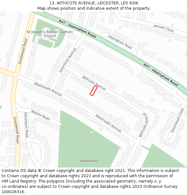 13, WITHCOTE AVENUE, LEICESTER, LE5 6SW: Location map and indicative extent of plot