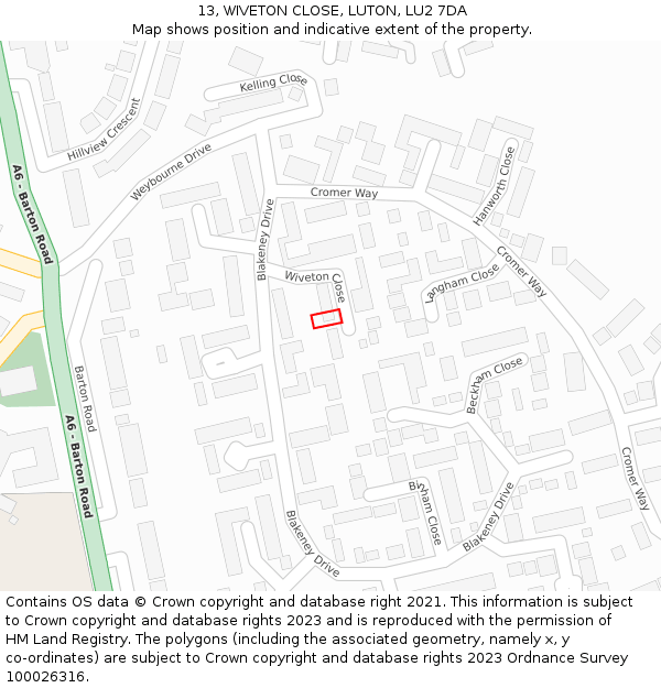 13, WIVETON CLOSE, LUTON, LU2 7DA: Location map and indicative extent of plot
