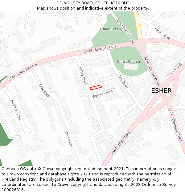 13, WOLSEY ROAD, ESHER, KT10 8NT: Location map and indicative extent of plot