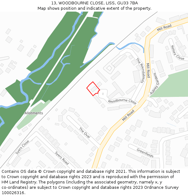 13, WOODBOURNE CLOSE, LISS, GU33 7BA: Location map and indicative extent of plot