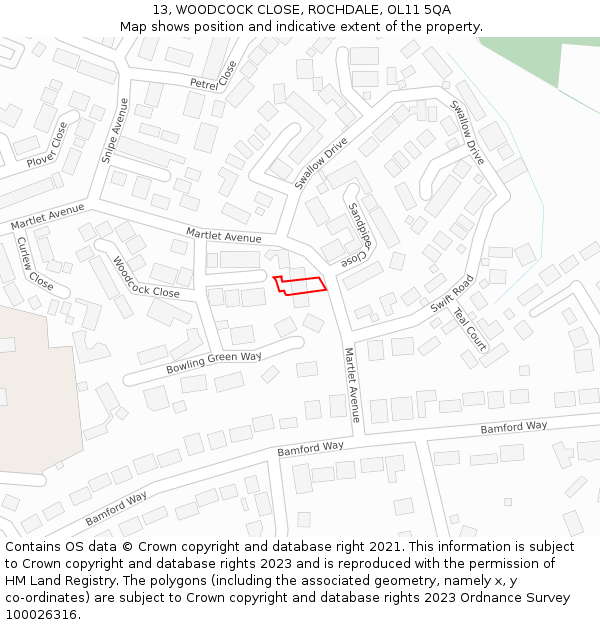 13, WOODCOCK CLOSE, ROCHDALE, OL11 5QA: Location map and indicative extent of plot