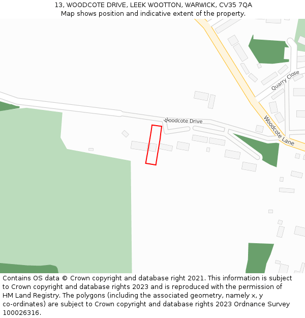 13, WOODCOTE DRIVE, LEEK WOOTTON, WARWICK, CV35 7QA: Location map and indicative extent of plot
