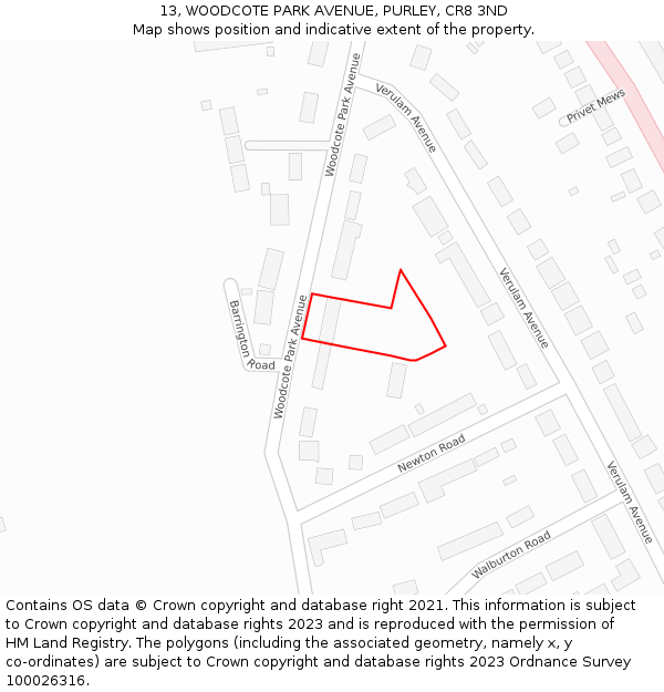 13, WOODCOTE PARK AVENUE, PURLEY, CR8 3ND: Location map and indicative extent of plot