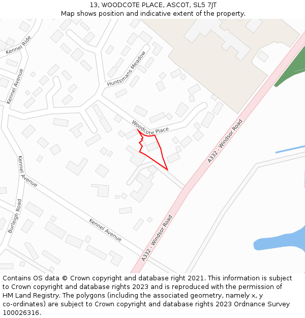 13, WOODCOTE PLACE, ASCOT, SL5 7JT: Location map and indicative extent of plot