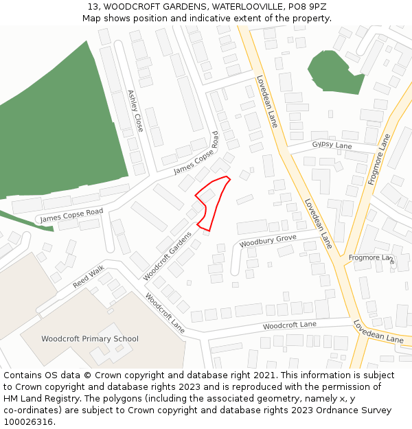 13, WOODCROFT GARDENS, WATERLOOVILLE, PO8 9PZ: Location map and indicative extent of plot
