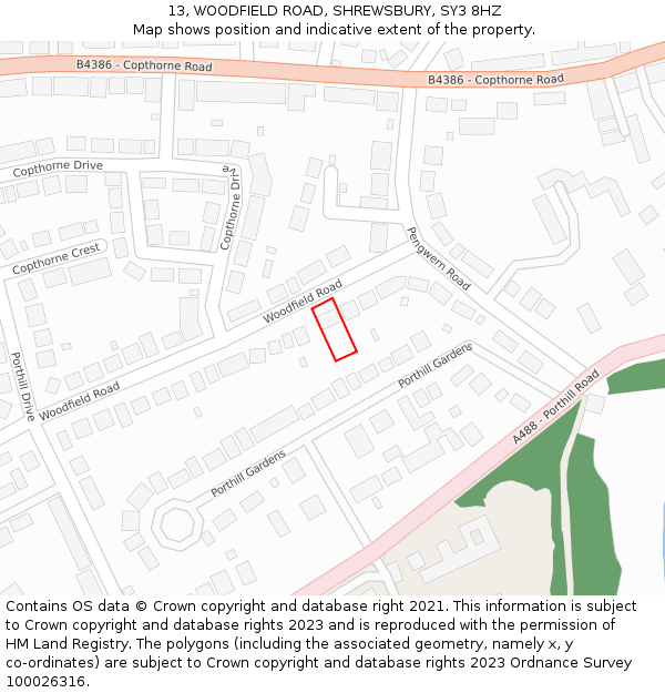 13, WOODFIELD ROAD, SHREWSBURY, SY3 8HZ: Location map and indicative extent of plot