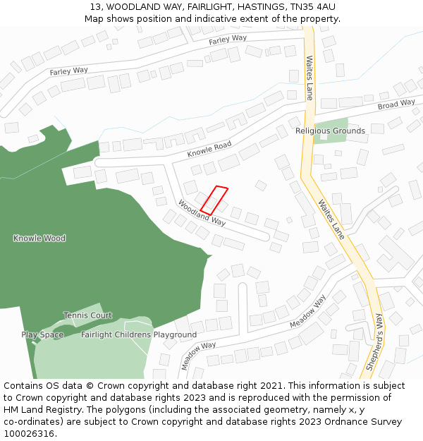 13, WOODLAND WAY, FAIRLIGHT, HASTINGS, TN35 4AU: Location map and indicative extent of plot