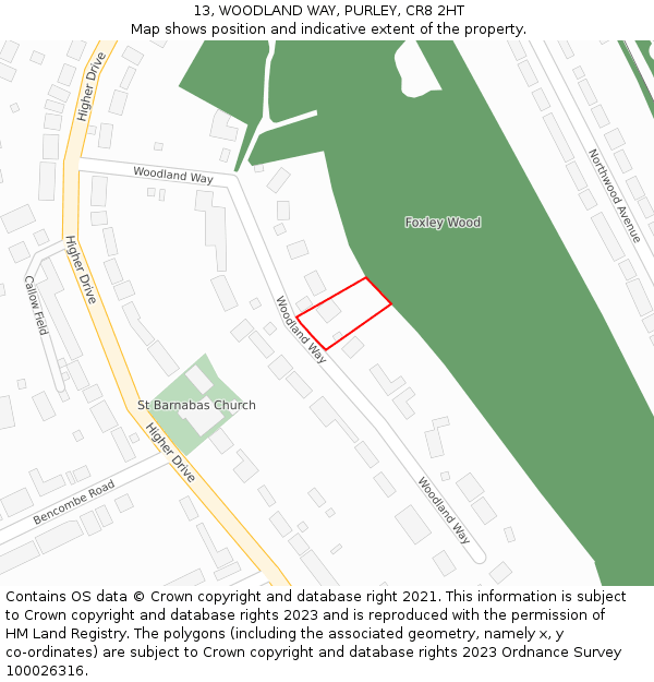 13, WOODLAND WAY, PURLEY, CR8 2HT: Location map and indicative extent of plot