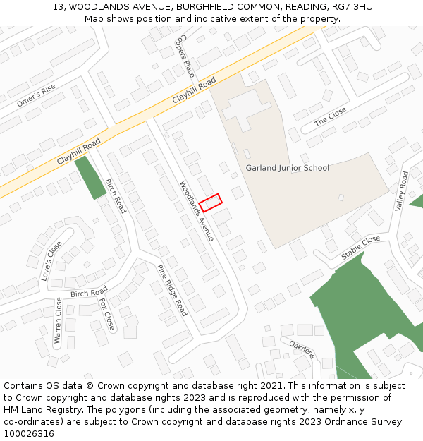 13, WOODLANDS AVENUE, BURGHFIELD COMMON, READING, RG7 3HU: Location map and indicative extent of plot