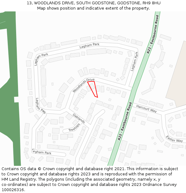 13, WOODLANDS DRIVE, SOUTH GODSTONE, GODSTONE, RH9 8HU: Location map and indicative extent of plot