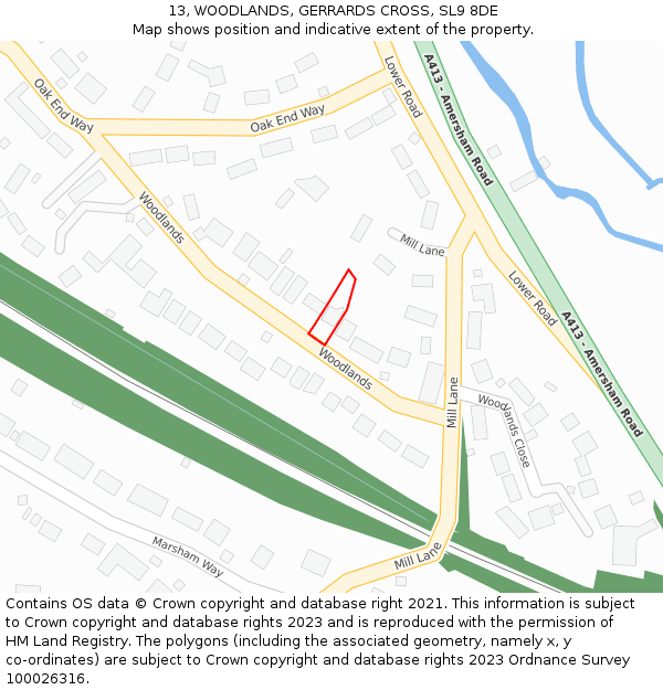 13, WOODLANDS, GERRARDS CROSS, SL9 8DE: Location map and indicative extent of plot