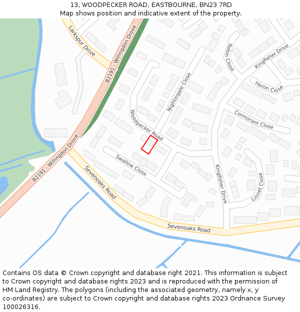 13, WOODPECKER ROAD, EASTBOURNE, BN23 7RD: Location map and indicative extent of plot