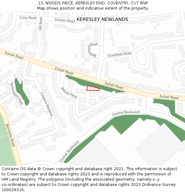 13, WOODS PIECE, KERESLEY END, COVENTRY, CV7 8NP: Location map and indicative extent of plot