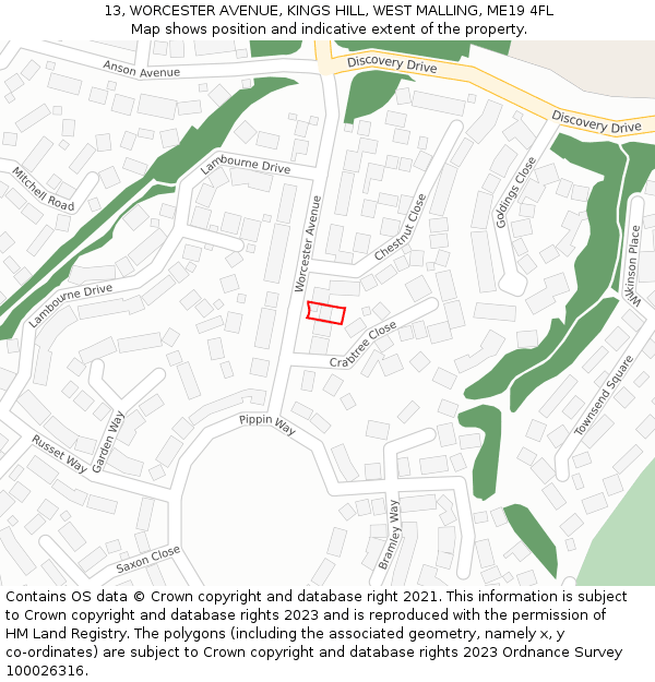 13, WORCESTER AVENUE, KINGS HILL, WEST MALLING, ME19 4FL: Location map and indicative extent of plot