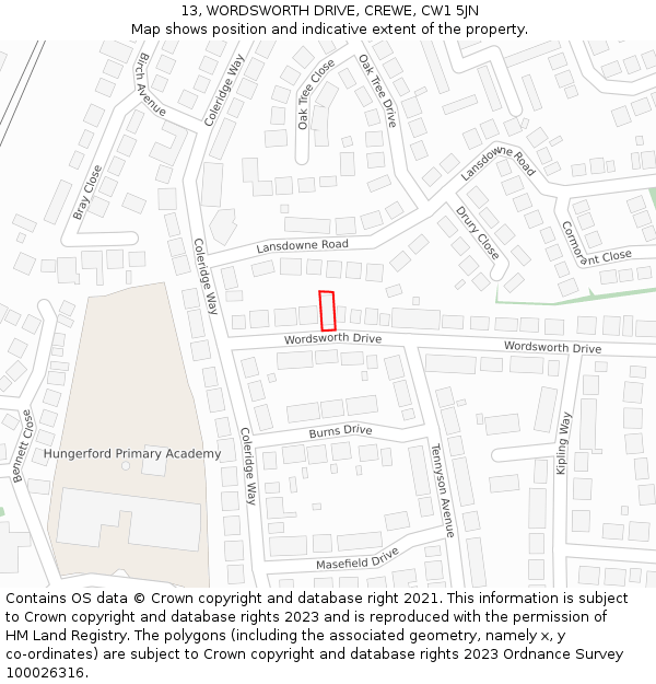 13, WORDSWORTH DRIVE, CREWE, CW1 5JN: Location map and indicative extent of plot