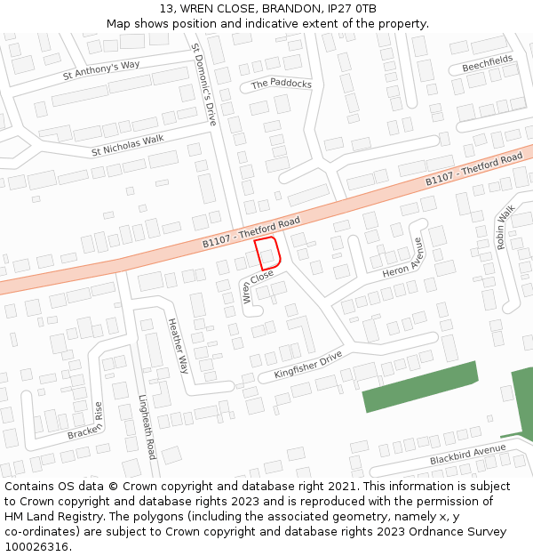 13, WREN CLOSE, BRANDON, IP27 0TB: Location map and indicative extent of plot