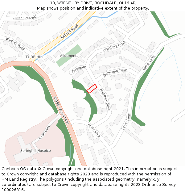 13, WRENBURY DRIVE, ROCHDALE, OL16 4PJ: Location map and indicative extent of plot