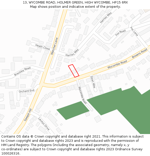 13, WYCOMBE ROAD, HOLMER GREEN, HIGH WYCOMBE, HP15 6RX: Location map and indicative extent of plot