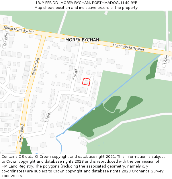 13, Y FFRIDD, MORFA BYCHAN, PORTHMADOG, LL49 9YR: Location map and indicative extent of plot
